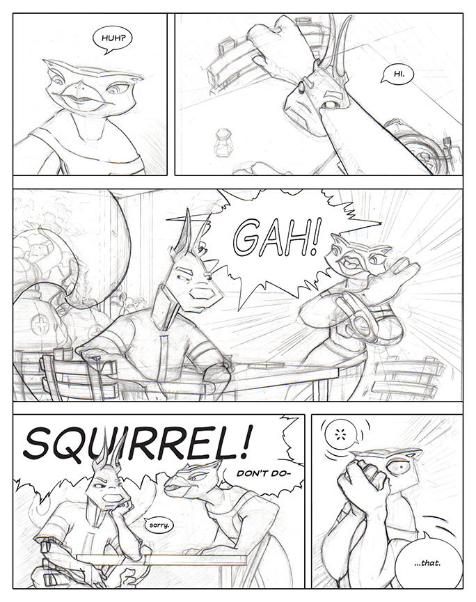 Comic book pencil layout featuring Owl getting startled by the titular ghost squirrel.