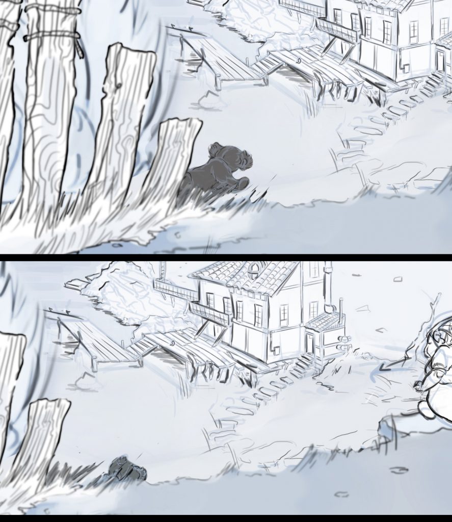 Storyboard sequence from an animated film. Sequence shows camera pulling out to reveal house in distance.