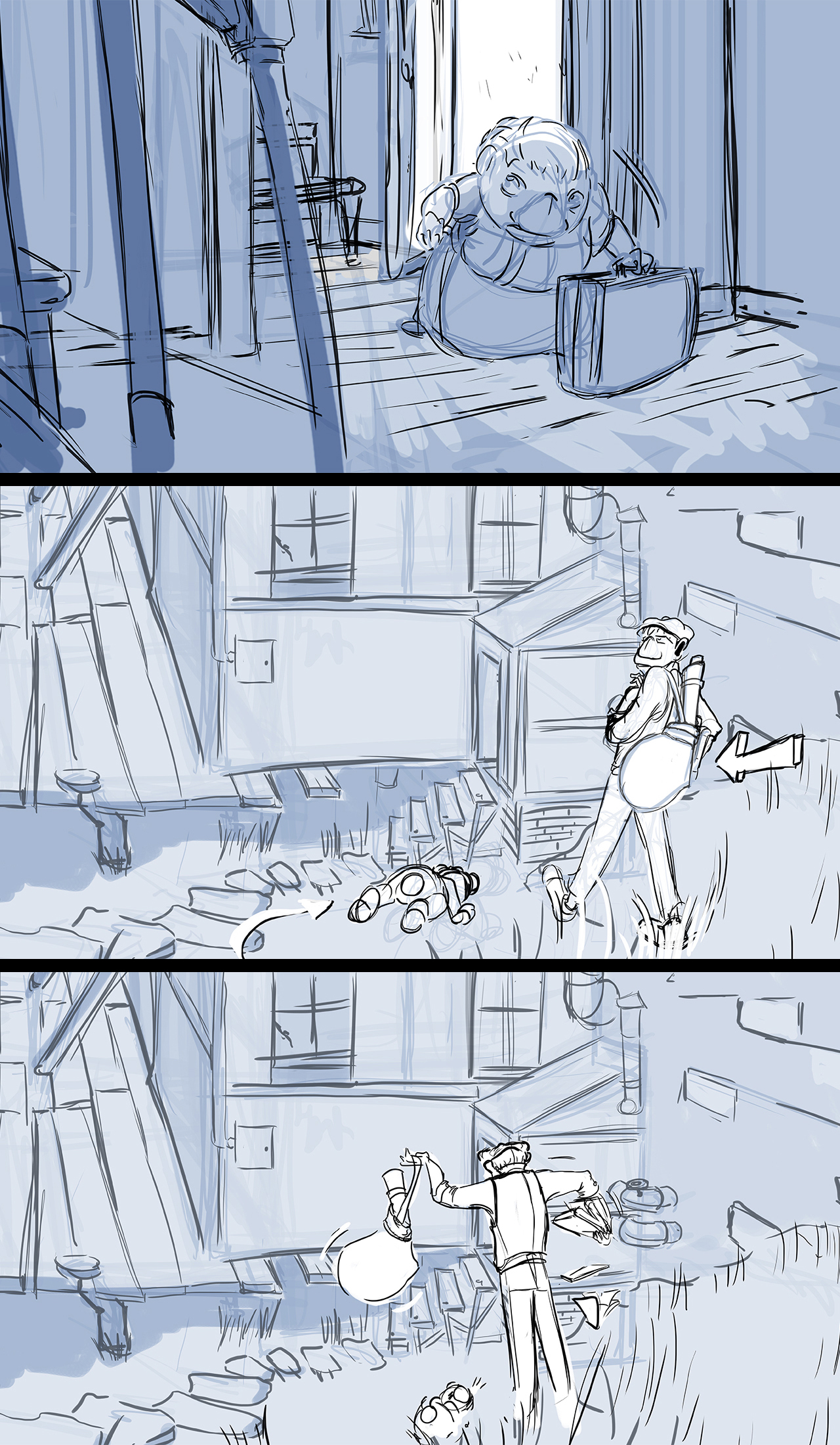 Storyboard sequence from an animated film. Sequence shows cross cut between interior shot of a woman yelling outside and an exterior shot of a man tripping over a dog.