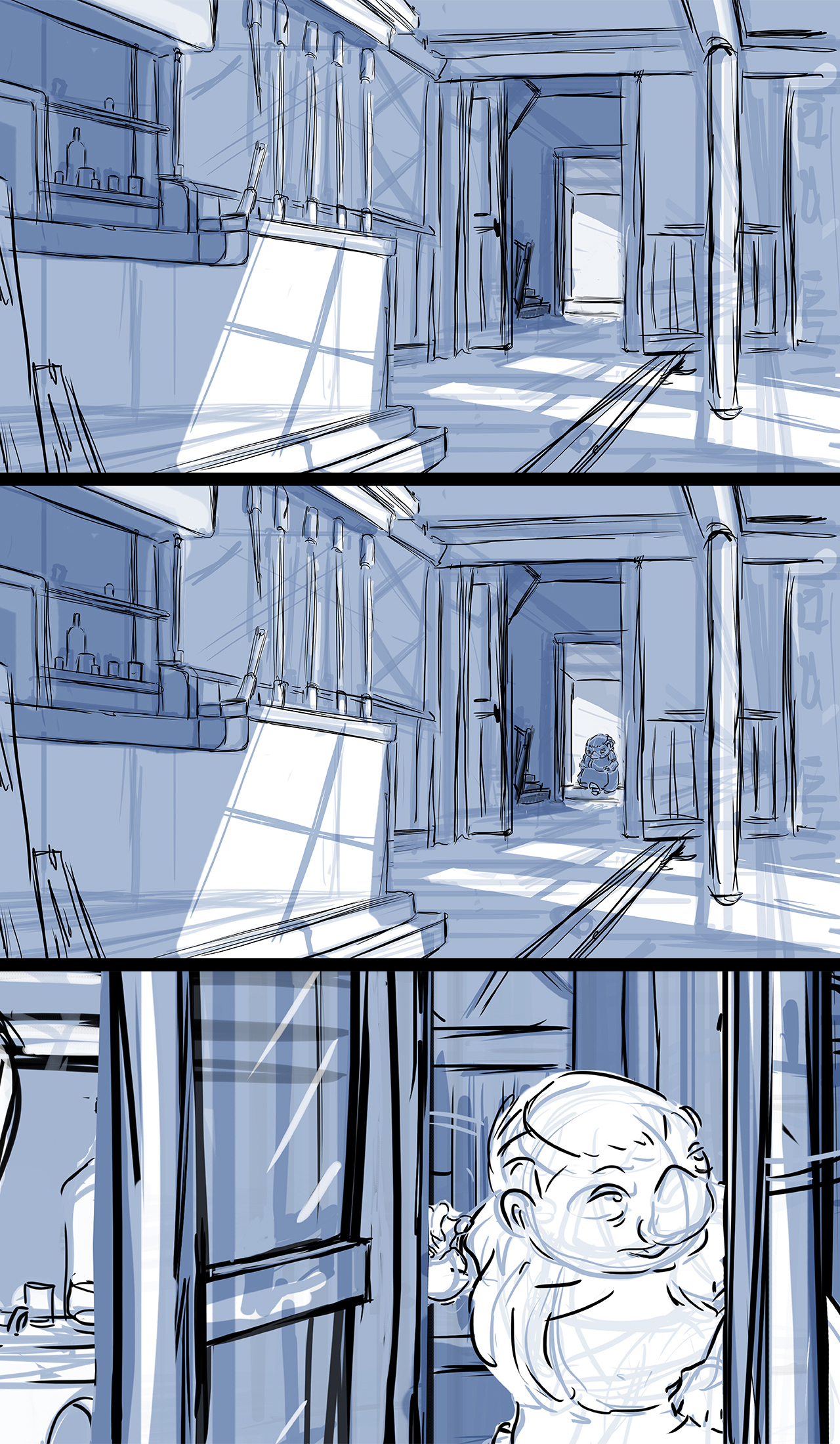 Storyboard sequence from an animated film. Sequence shows wide shot of a bar as the woman walks in. Last panel cuts to a mid shot of the woman walking past a pair of french doors.