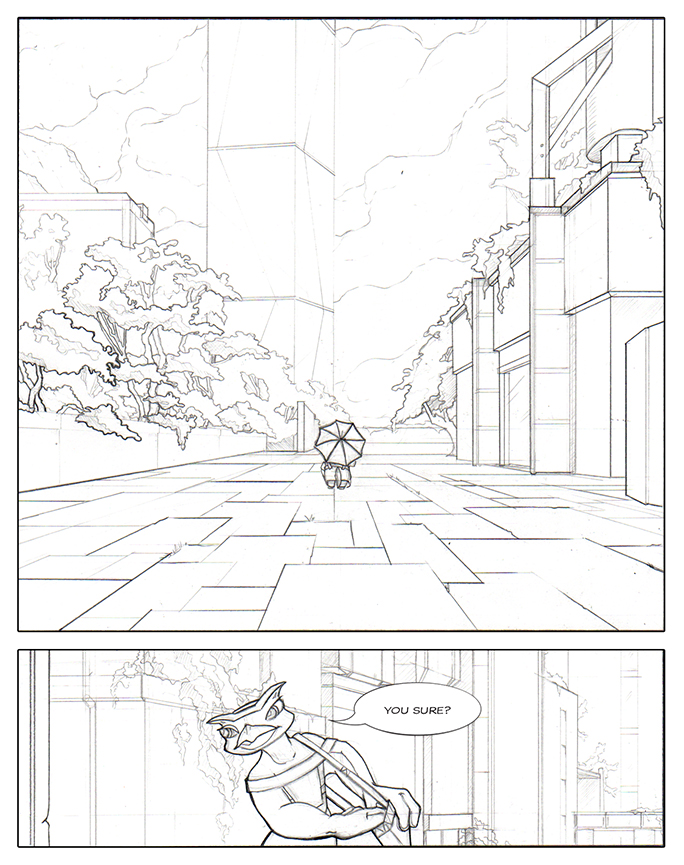 Comic book pencil layout featuring a very wide shot of a tree filled city. A lone character with an umbrella stands oddly in the middle. In the next panel owl speaks to the still invisible squirrel.