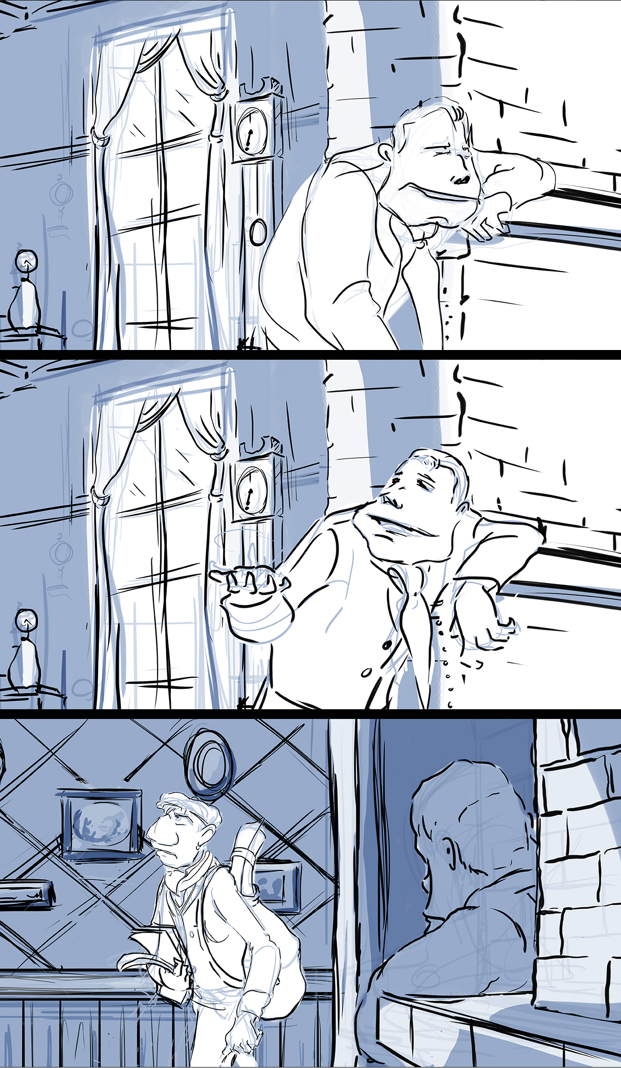Storyboard sequence from an animated film. Sequence show the man reveal himself to be very drunk and he fall onto the mantle. He turns to the younger man, who's just entered, to ask a question.