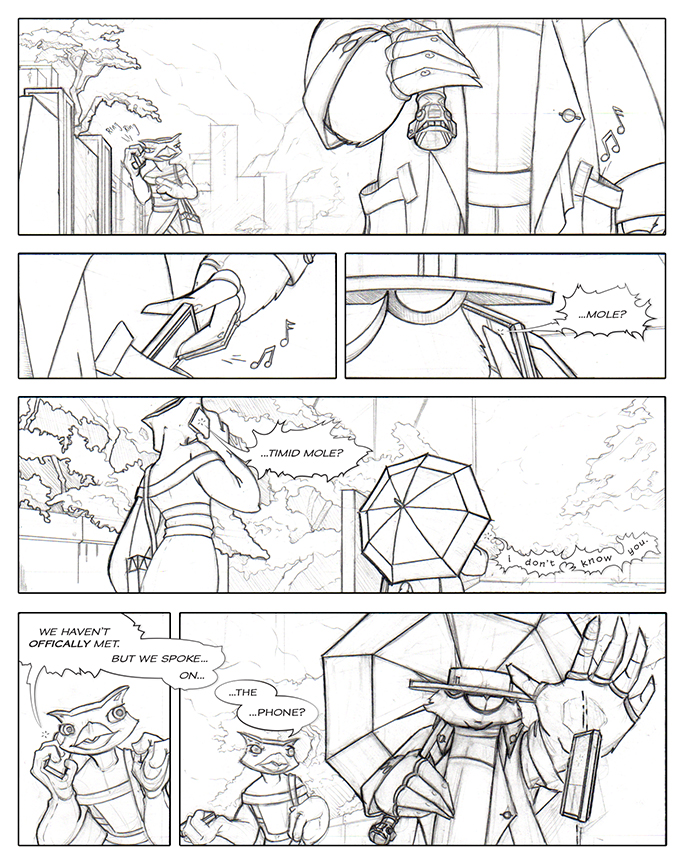 Comic book page pencil layout showing an owl having a phone conversations with an umbrella holding mole. The owl approaches the mole only to have him deliberately drop the phone.