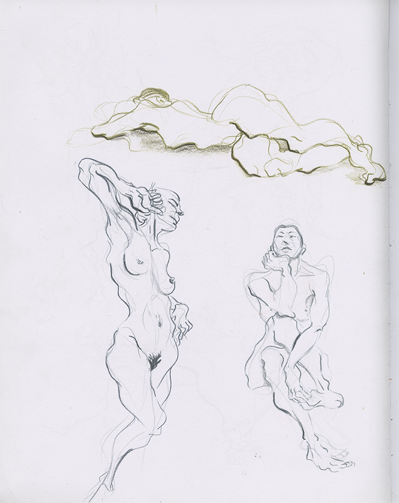 sketchbook page showing color pencil illustrations of a nude woman