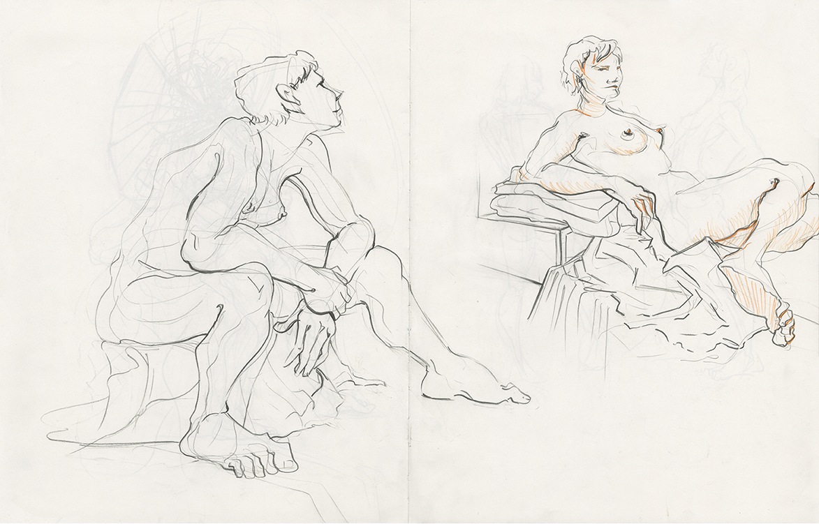 Life drawing of same woman in two poses. Pencil and Colored Pencil on Cream Paper.