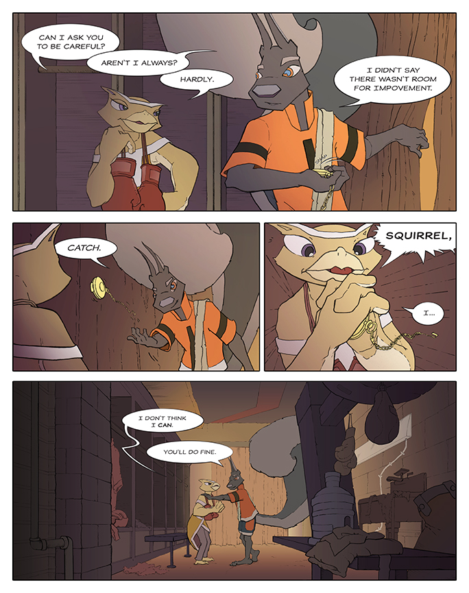 Comic book page in color showing a squirrel and an owl exchanging a watch in a boxing locker room.