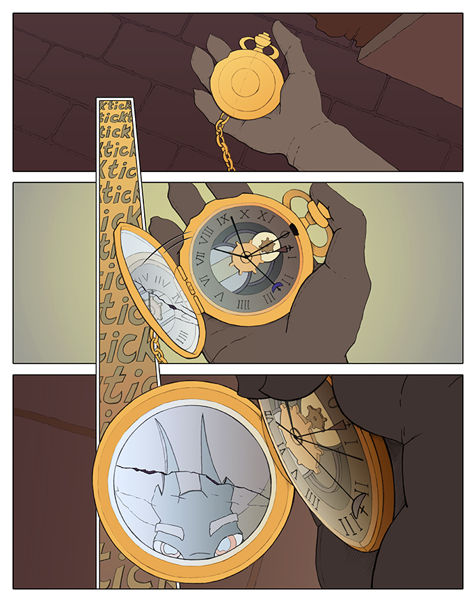 Comic book page showing a squirrel's hand holding a watch with a cracked mirror cover. Page is in color.