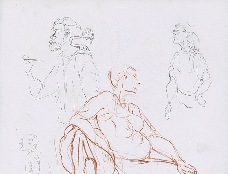 sketchbook page featuring drawings of art students and a woman in a chair