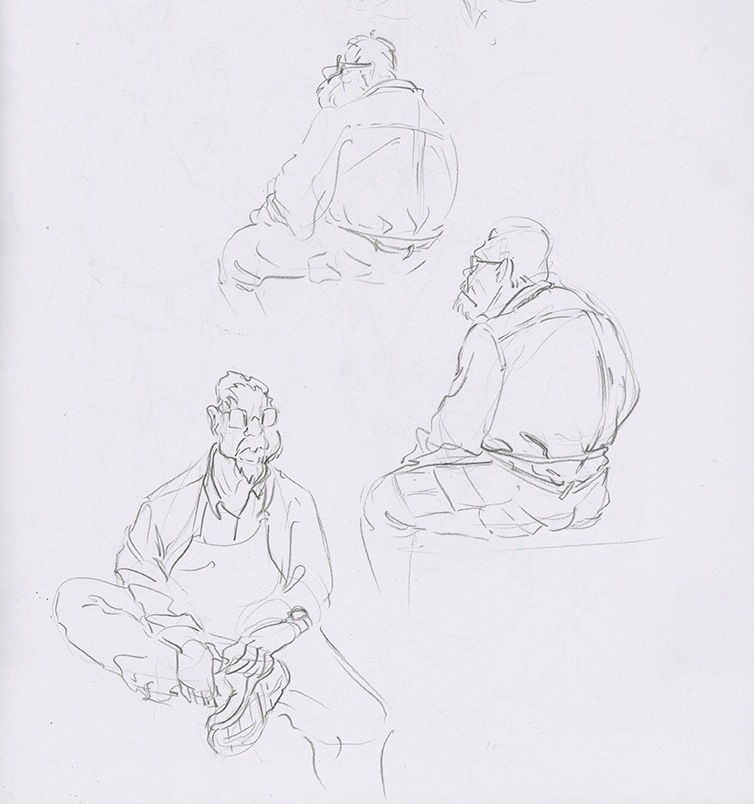 sketchbook page featuring drawings of an art teacher in three sitting poses