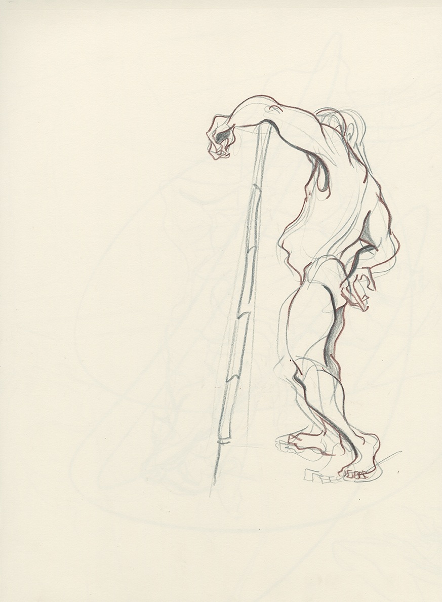 life drawing gesture on cream paper made with red and grey colored pencil