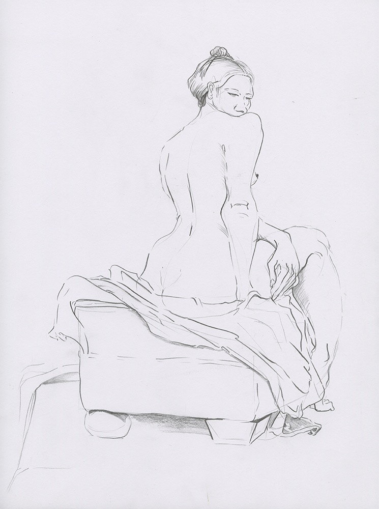 Illustration of strange looking woman sitting on cushioned stool and cloth.