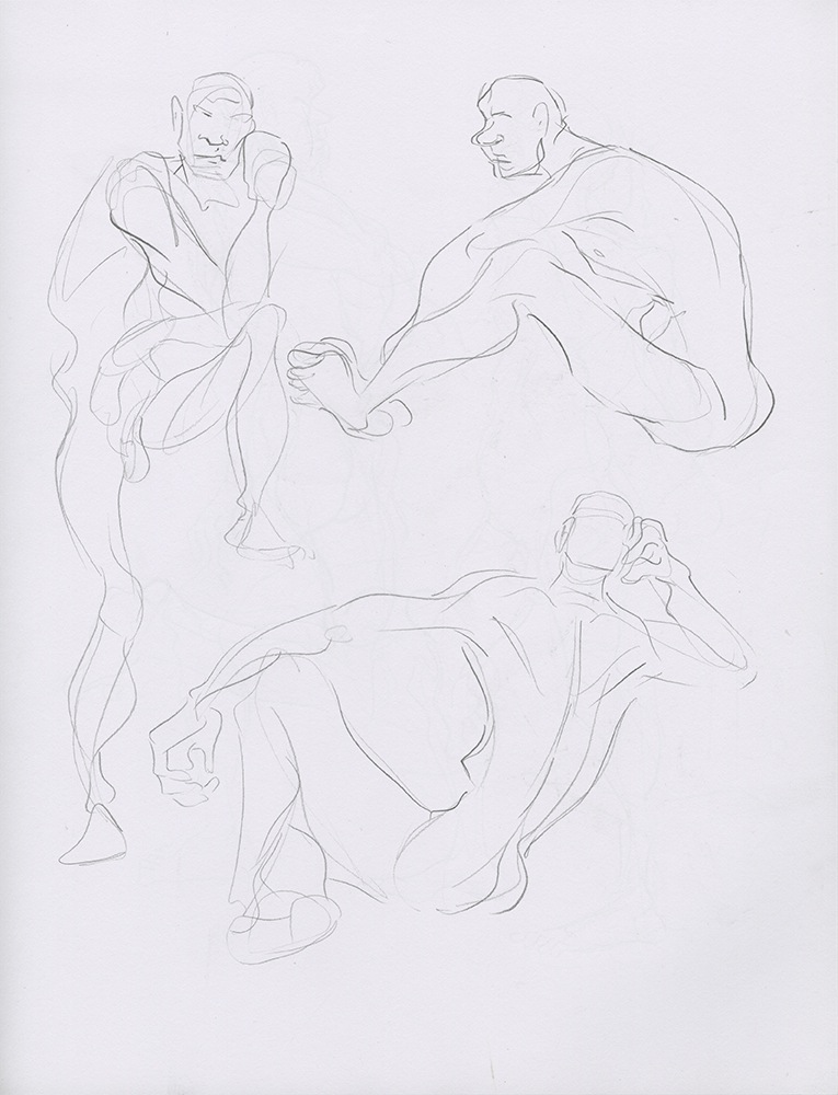sketchbook page showing three gestures of a tall man