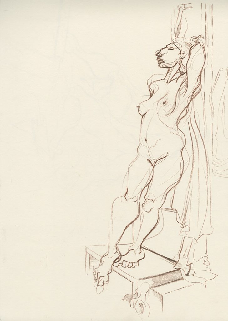 Illustration of artist's model with prominent nose and thighs.