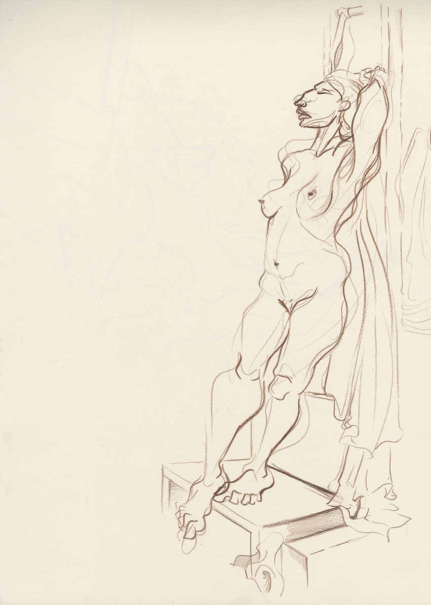 red colored pencil illustration of woman leaning on ladder drawn on cream paper