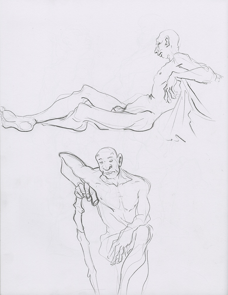 Sketchbook page featuring distinctive male artist model holding cane and reclining