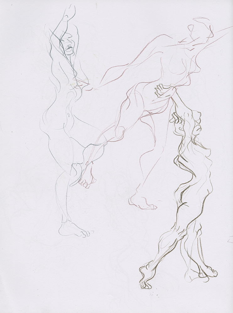 Sketchbook page featuring colored pencil based gesture drawings of a nude woman