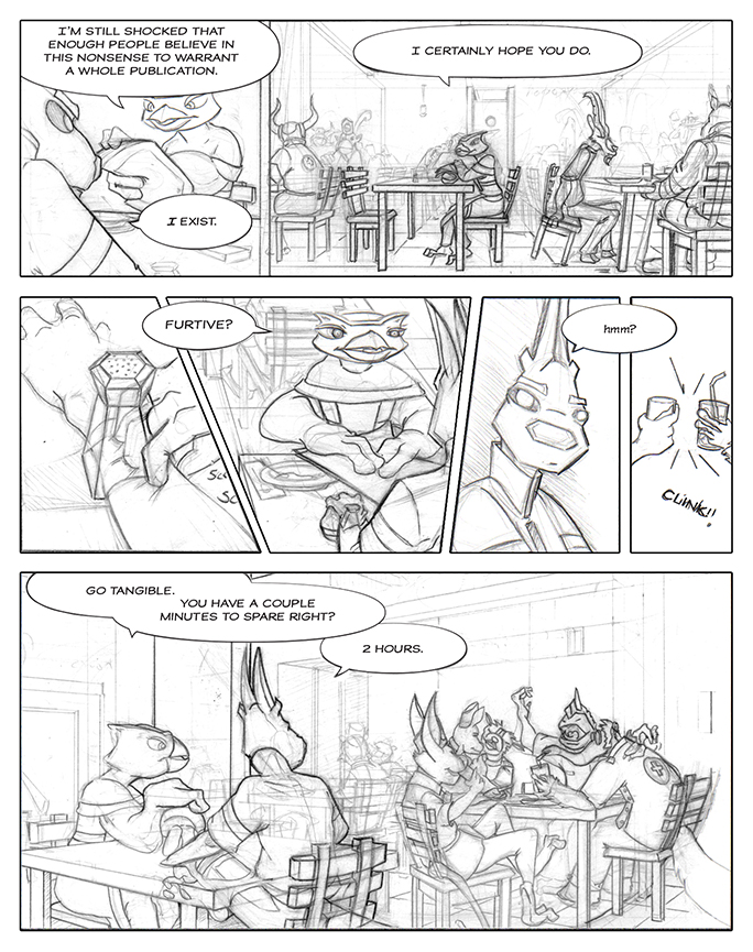 Comic book pencil layout featuring Owl and Squirrel talking more exposition. Squirrel then gets dejected by crowds of happy animals.