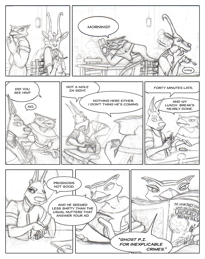 Comic book pencil layout featuring Owl getting embarrassed that she is seemingly talking to no one. Afterwards, she and Squirrel get busy talking exposition.