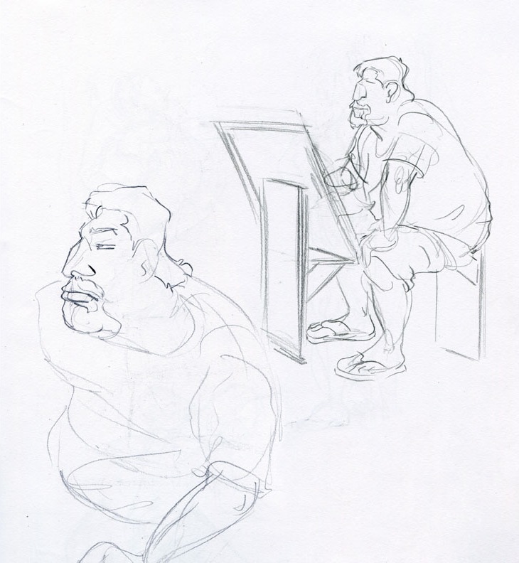Sketchbook page showing drawings of a heavy set male sitting on an artist's horse.