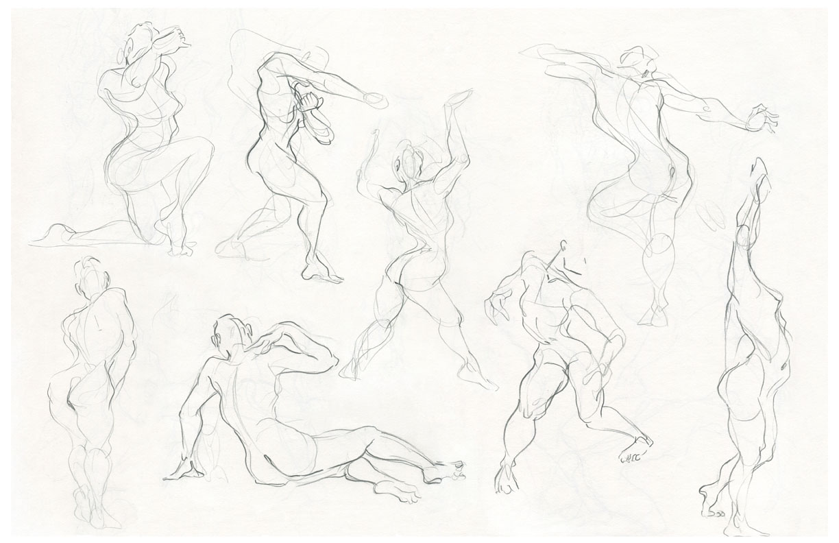 Sketchbook page gesture drawings of a flexible nude woman in many positions.
