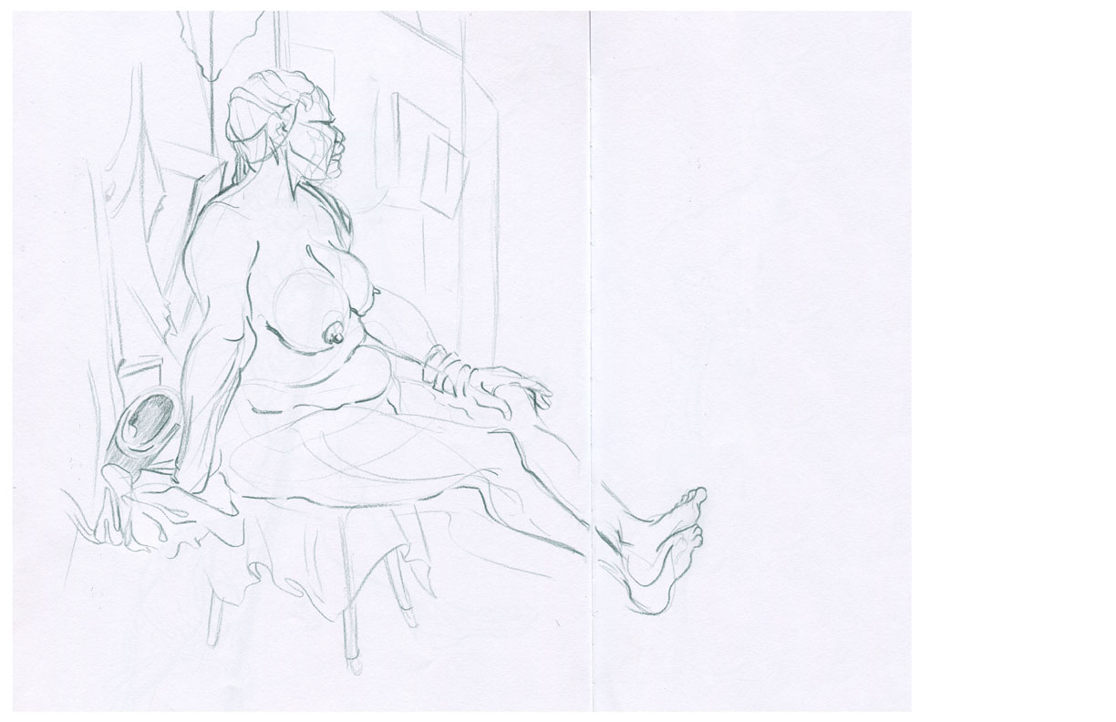 Sketchbook spread showing large black woman sitting on a stool in front of a ladder.