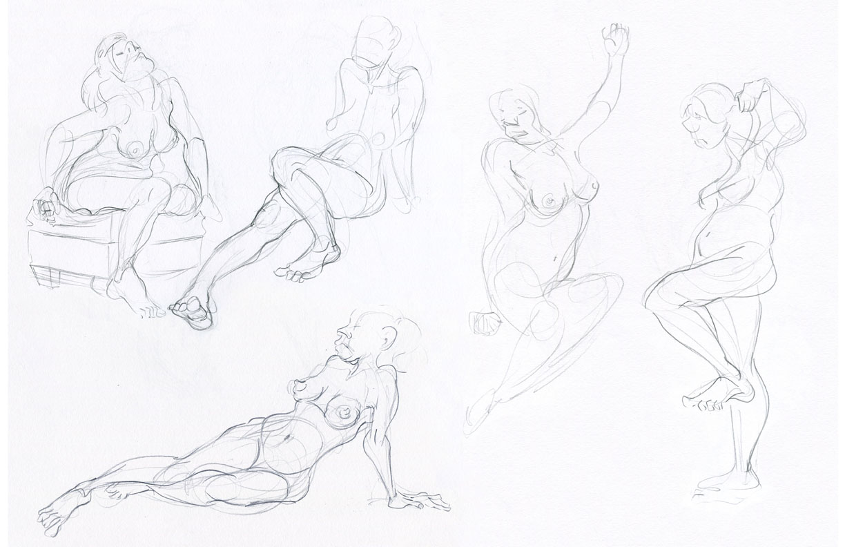 Sketchbook compilation showing a woman with perky boobs and varying stages of attitude.