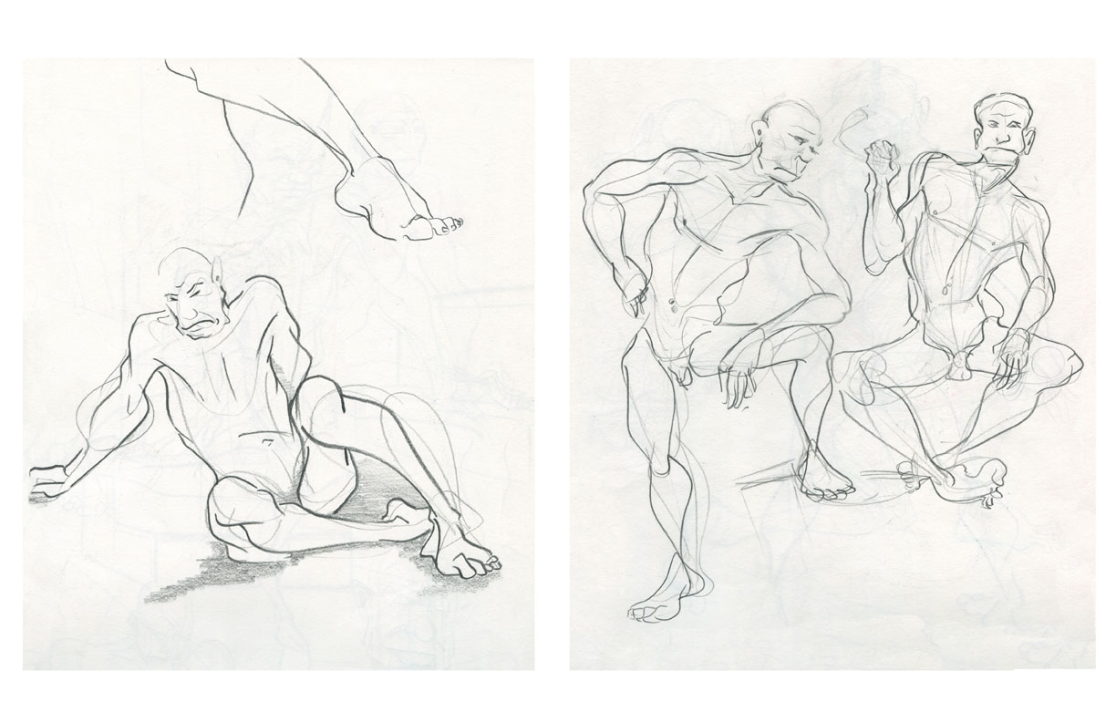 Sketchbook compilation showing a weird looking dude in several long poses.