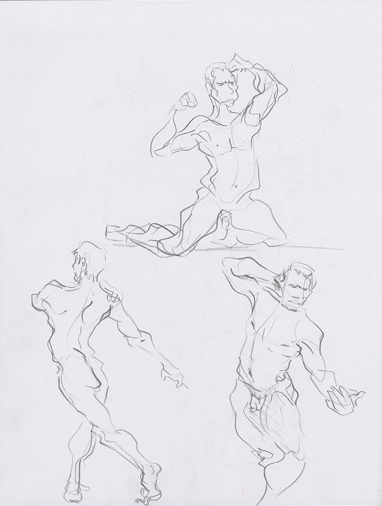 sketchbook page featuring three quick gestures of a conventionally attractive man.