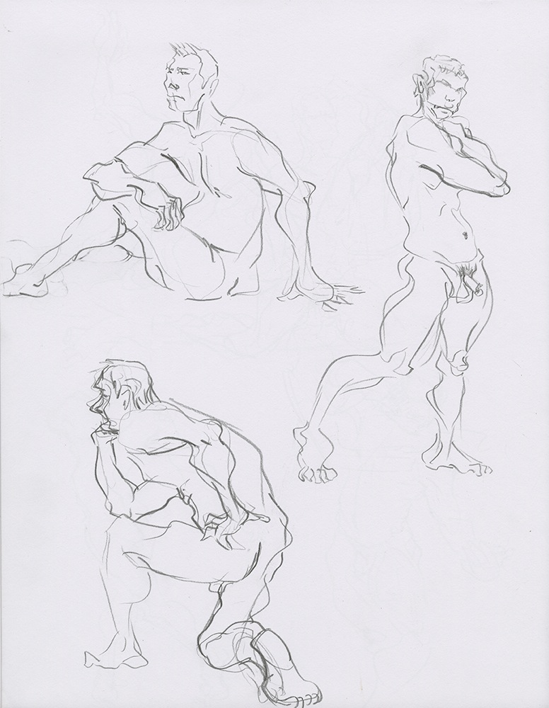 sketchbook page featuring three medium length pose gestures of a conventionally attractive man.