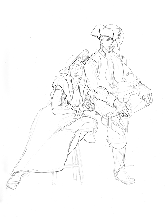 Sketchbook page showing a seated man and woman, both dressed like pirates.