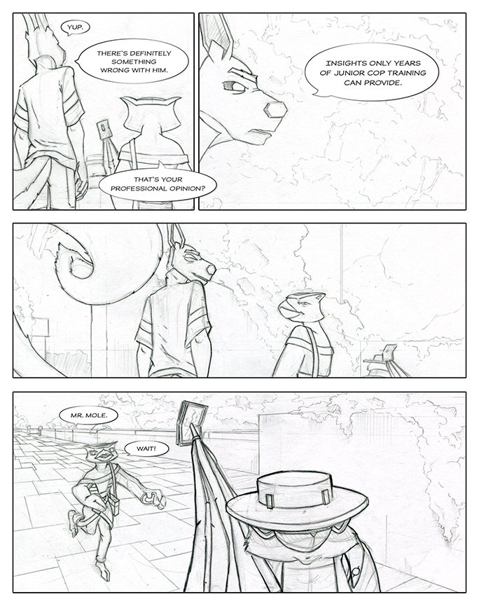 Rough pencils of a comic book page showing Squirrel cracking a joke and the Owl running after the Mole.