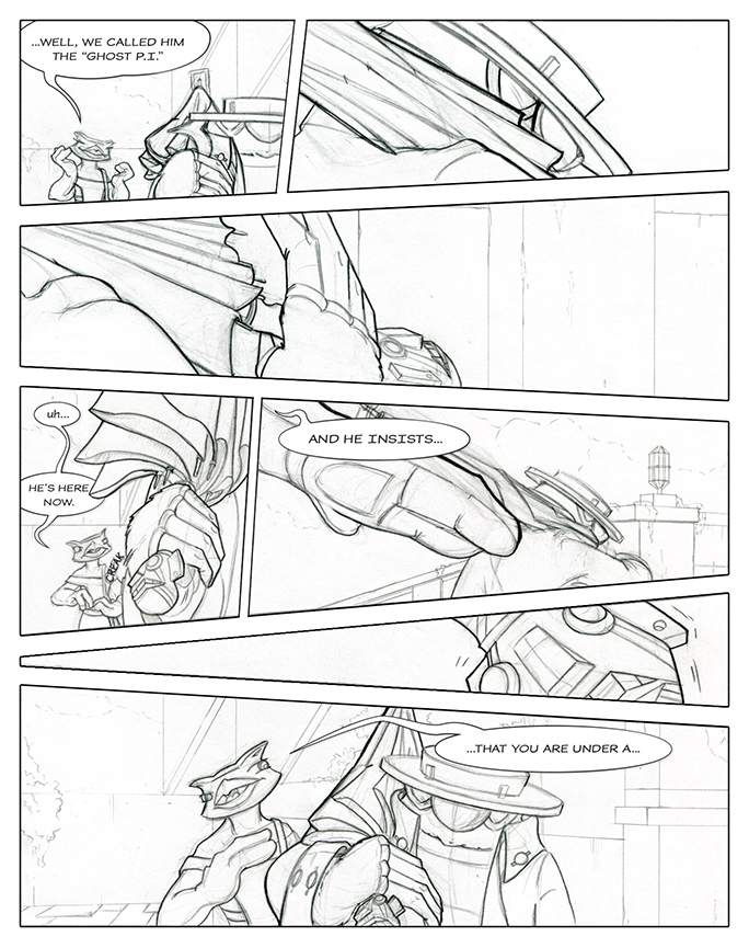 Rough pencils of a comic book page showing Mole about to attack Owl with umbrella.