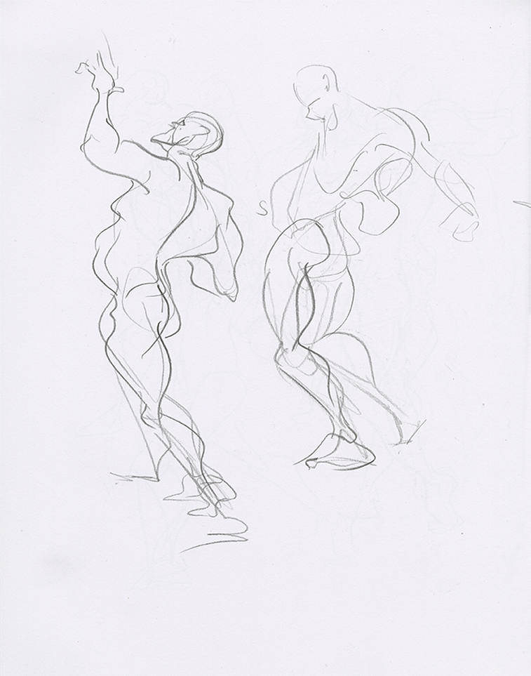 Sketchbook page showing gesture sketches of a well built man.