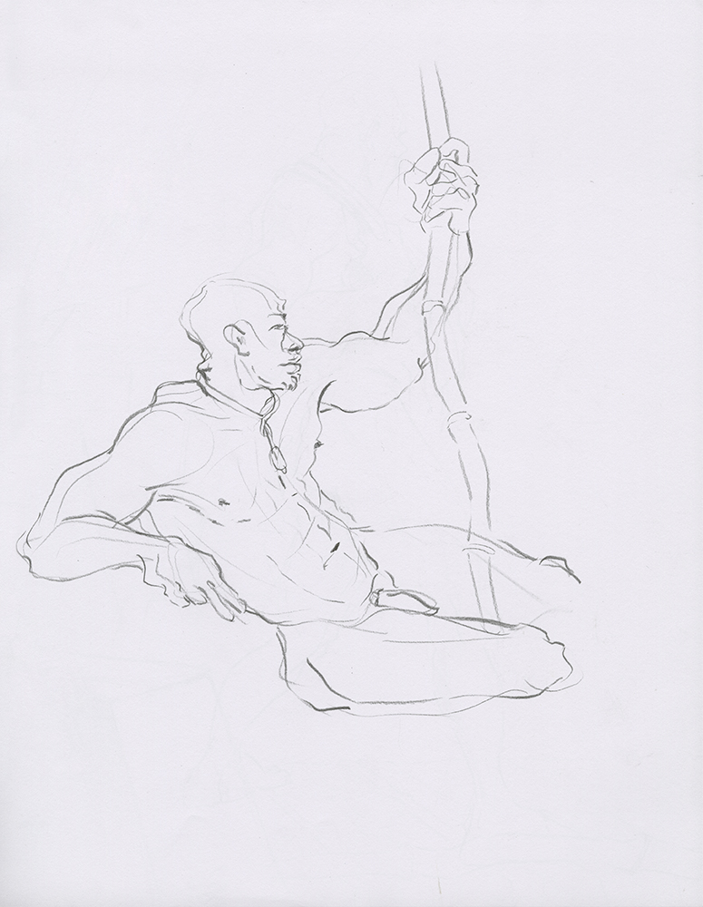 Sketchbook page showing gesture sketches of a big muscled nude man.